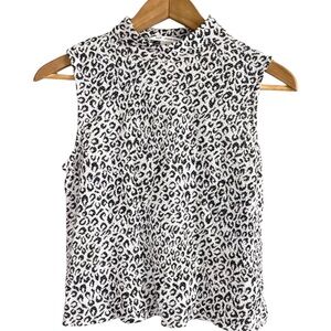 St. John Women’s L Mock Neck Sleeveless Shell Top White‎ Snow Leopard Cheetah